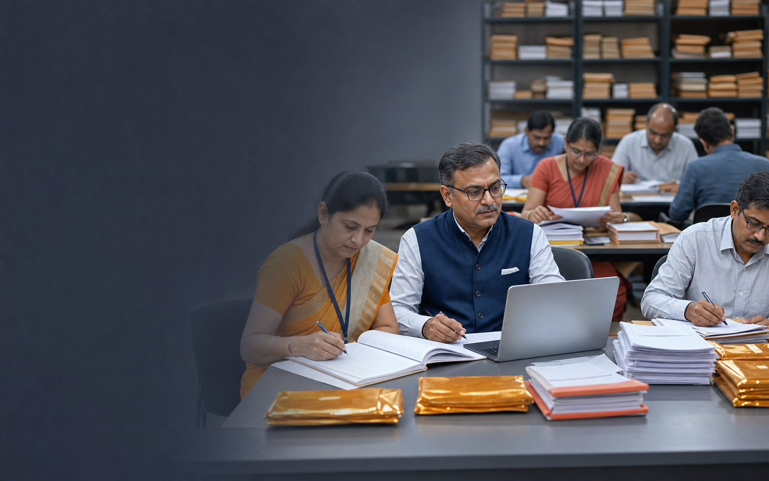 University examiners working in a structured evaluation camp