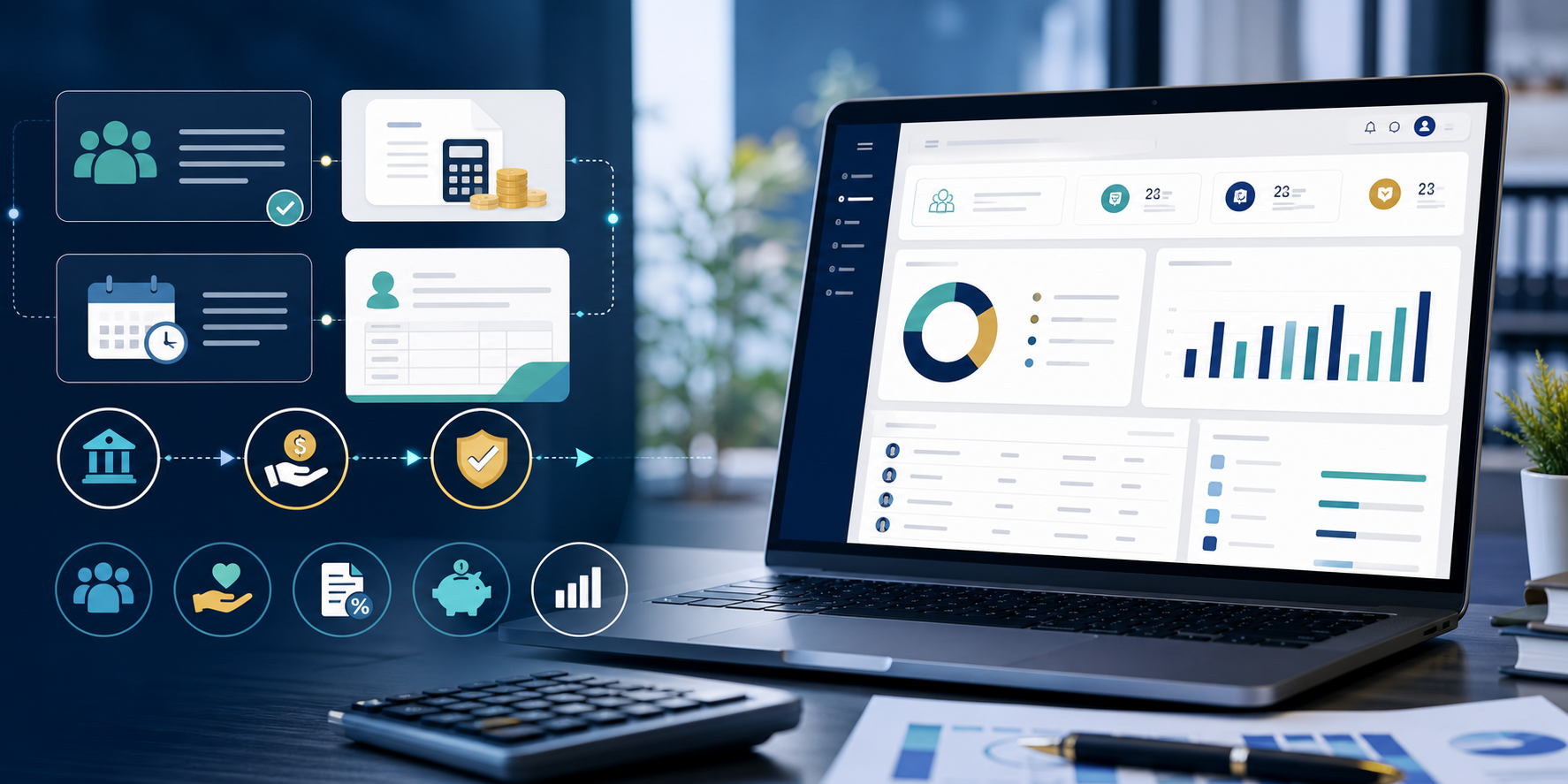 Employee payroll dashboard with salary, tax, and banking workflow visuals