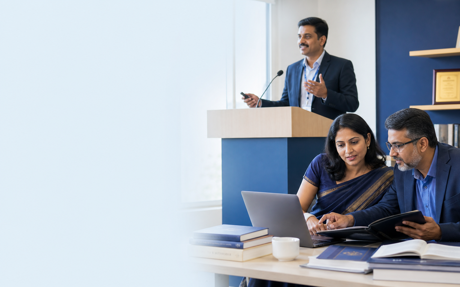 University faculty presenting at a conference and reviewing professional work