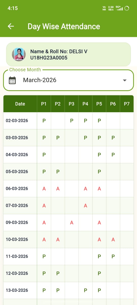 Student day-wise attendance screen showing period-wise present and absent status