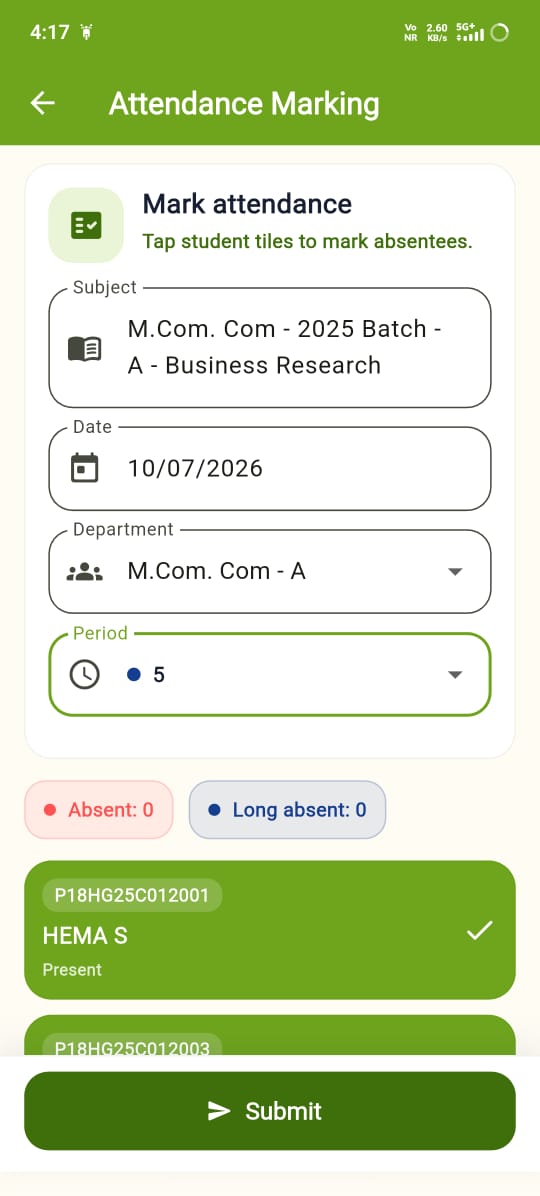 Staff attendance marking screen in the iBoss mobile app