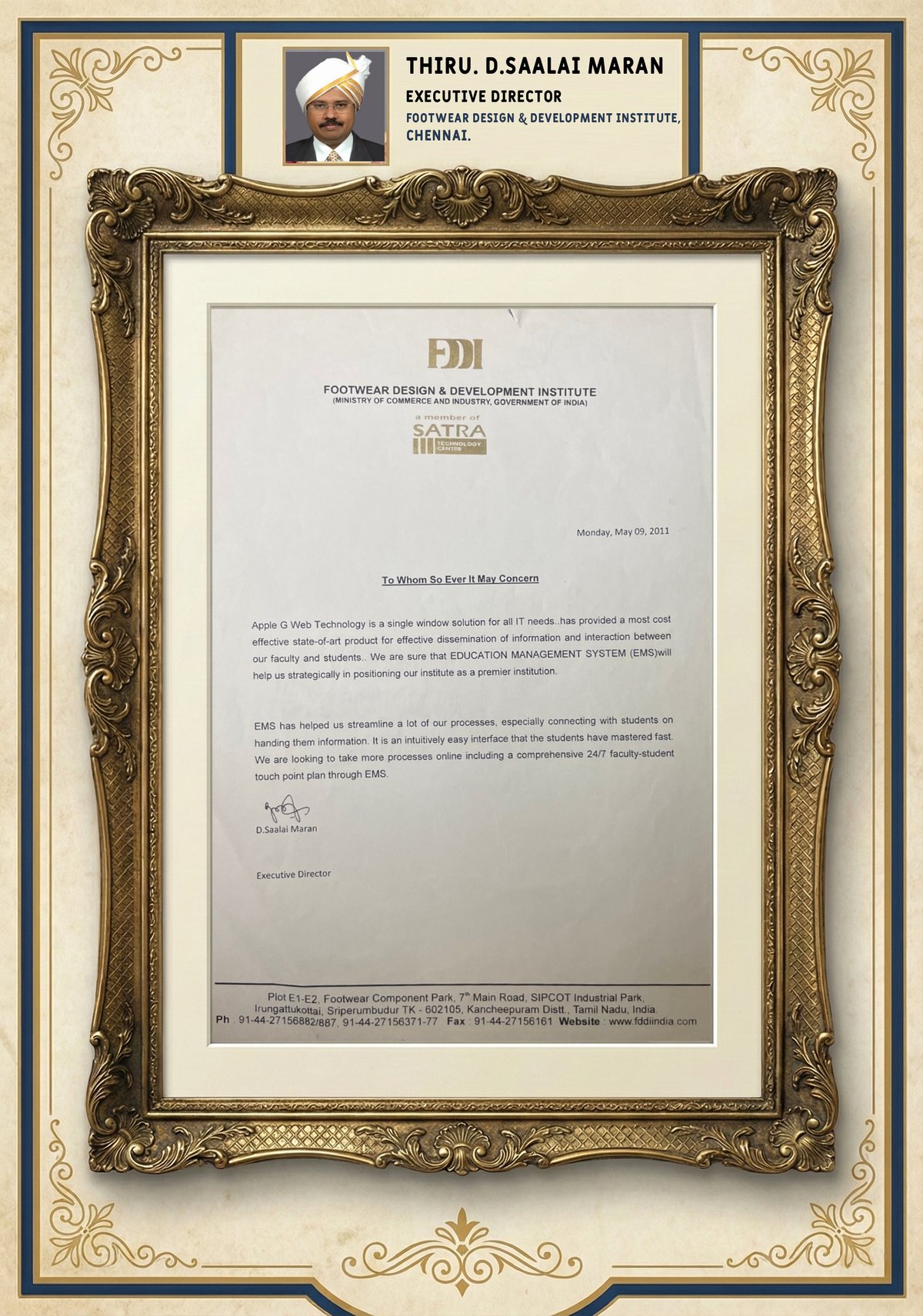 Footwear Design and Development Institute testimonial certificate from D Saalai Maran