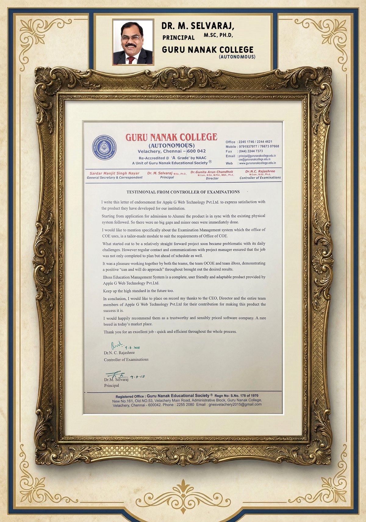 Guru Nanak College testimonial certificate from Dr M Selvaraj