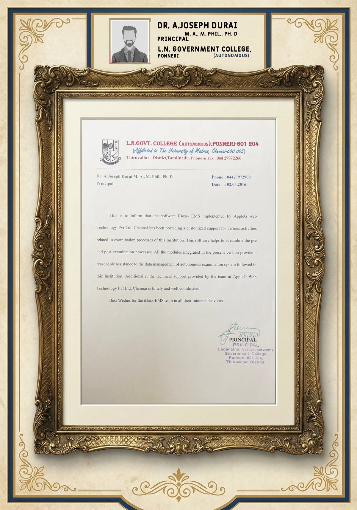 L N Government College testimonial certificate from Dr A Joseph Durai