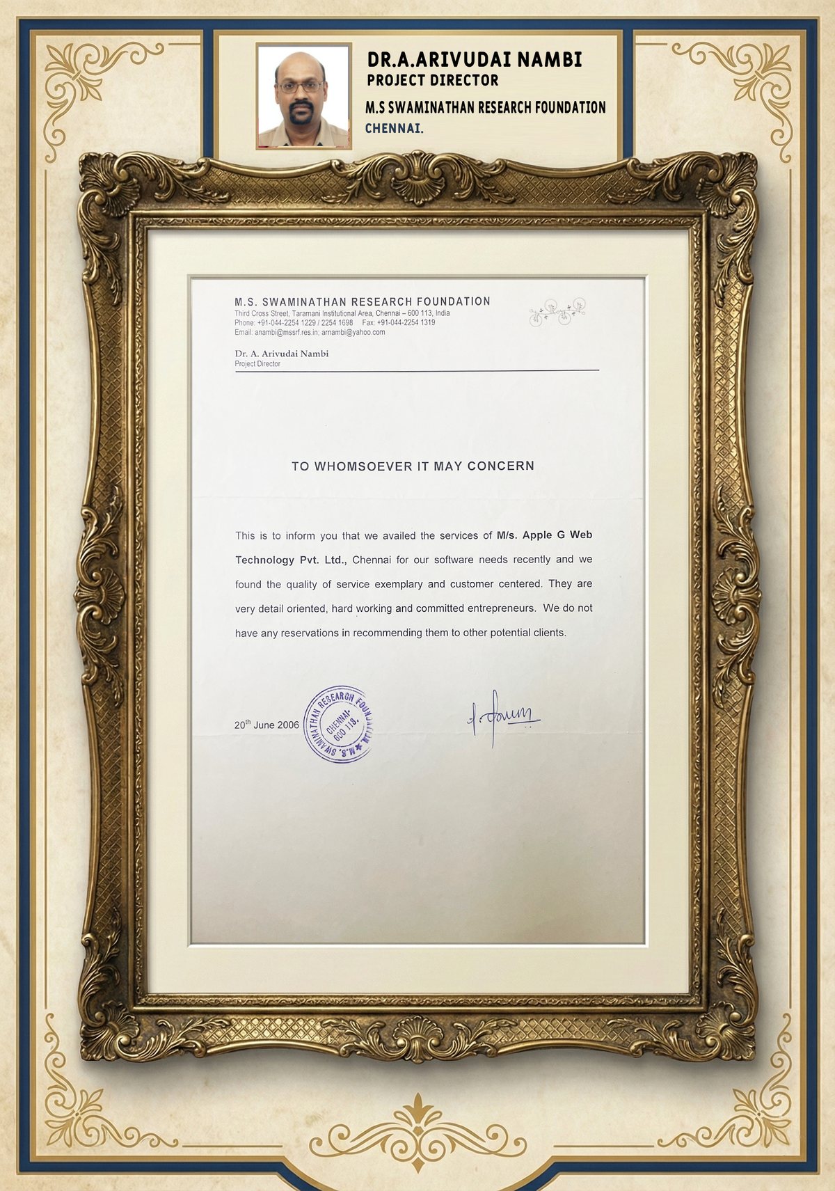 M S Swaminathan Research Foundation testimonial certificate from Dr A Arivudai Nambi