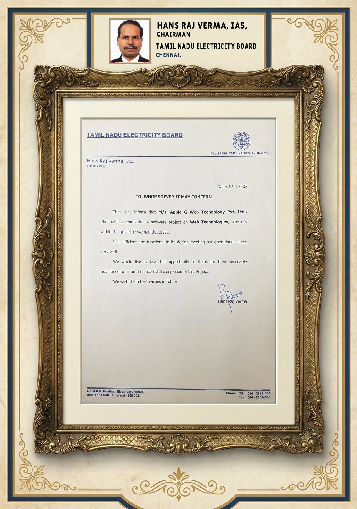 Tamil Nadu Electricity Board testimonial certificate from Hans Raj Verma