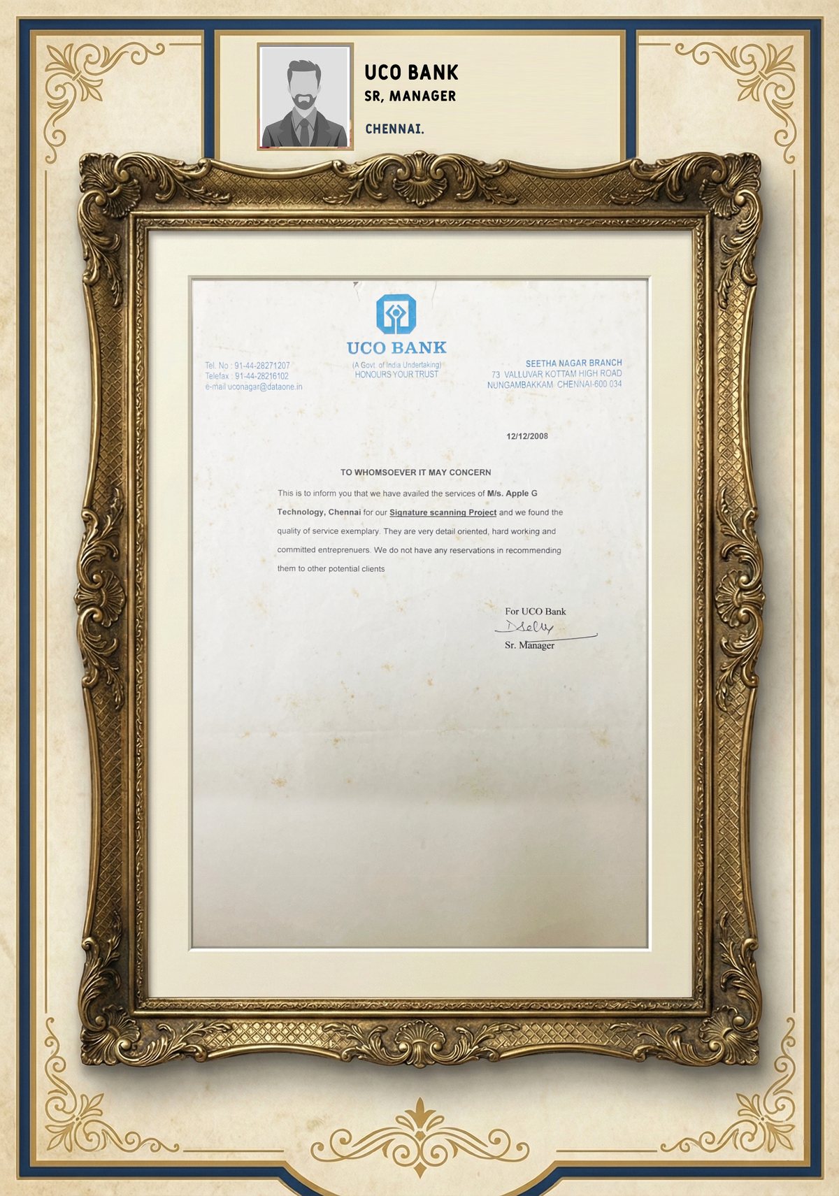 UCO Bank testimonial certificate